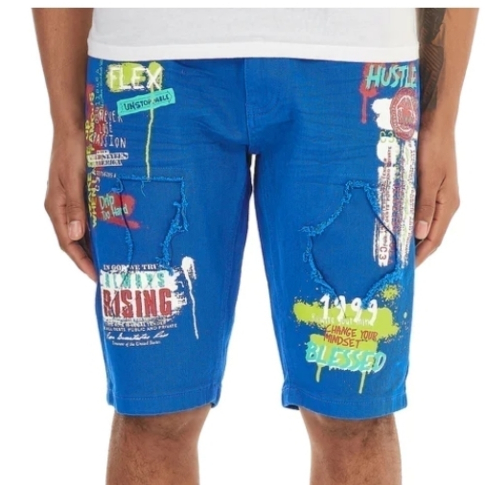 Copper Rivet Men's Size 36 Royal Blue Graffiti Graphic Shorts Inseam 11.5" Punk